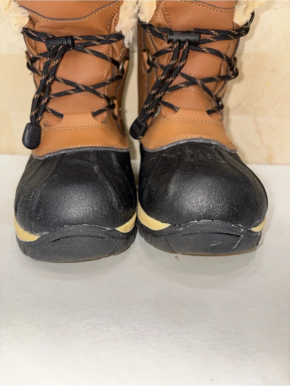 BearPaw Tan and Black Insulated Winter Boots, Shearling Collar